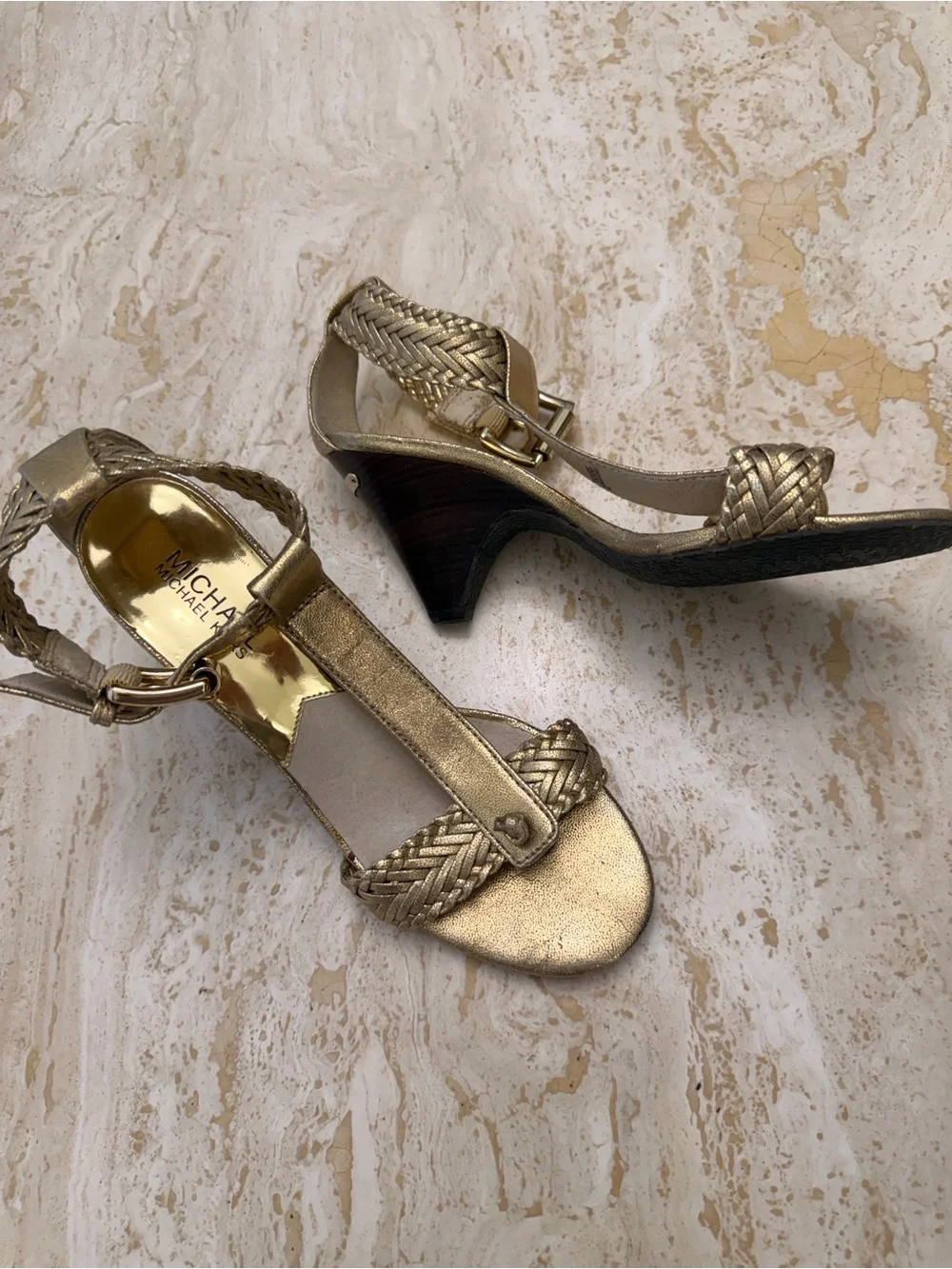 MICHAEL Michael Kors Gold Braided Ankle-Strap Mid-Heel Sandals